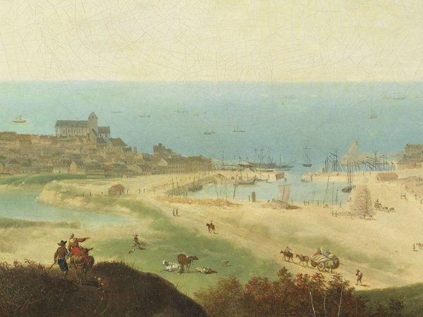 Vue du port de Cherbourg en 1775 par Louis Nicolas van BLARENBERGHE. Le quartier Divette n'existe pas, c'est un marécage.